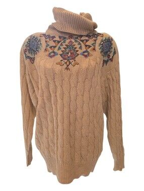 IB Diffusion 90s Silk Tan/Cream Beaded turtleneck oversized sweater